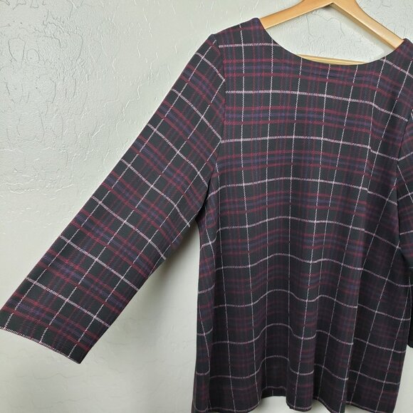 J.Jill Ponte Knit Windowpane Plaid Top Black/Purple Size Large 3/4 Sleeve Fall - Picture 5 of 11